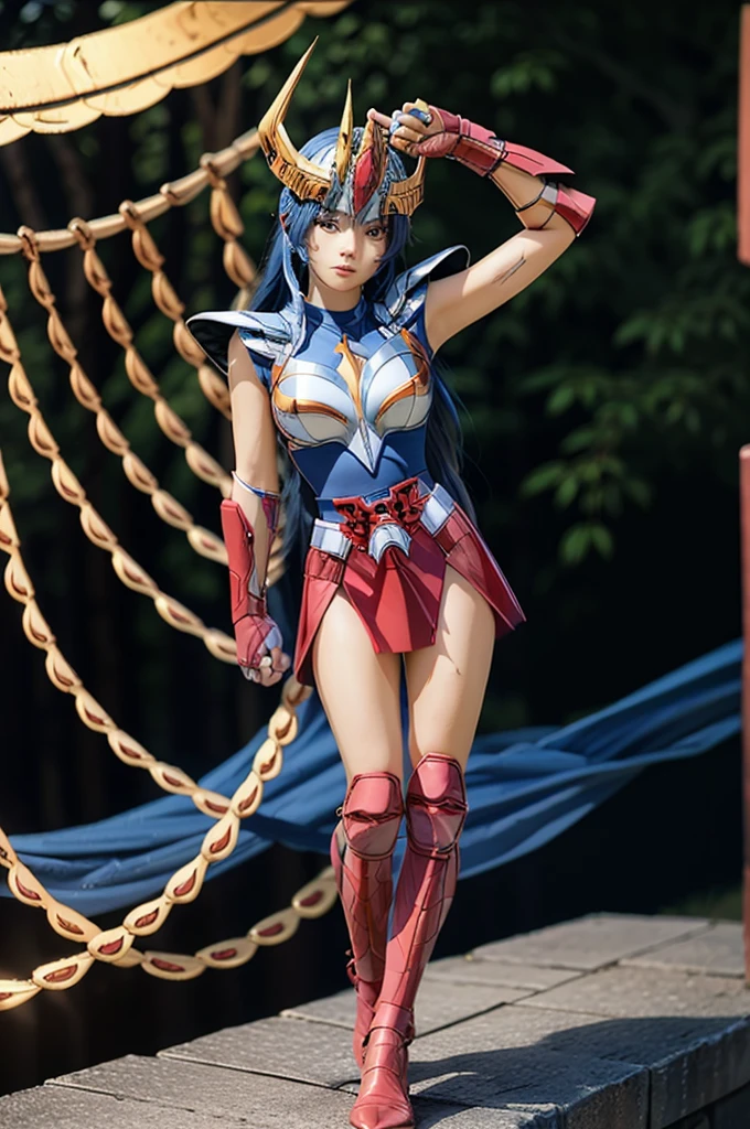 beautiful detail, best quality, 8k, highly detailed face and skin texture, high resolution, blue long hair asian girl in blue short sleeve and metal armor and red metalic skirt, wearing helmet, full body, sharp focus
