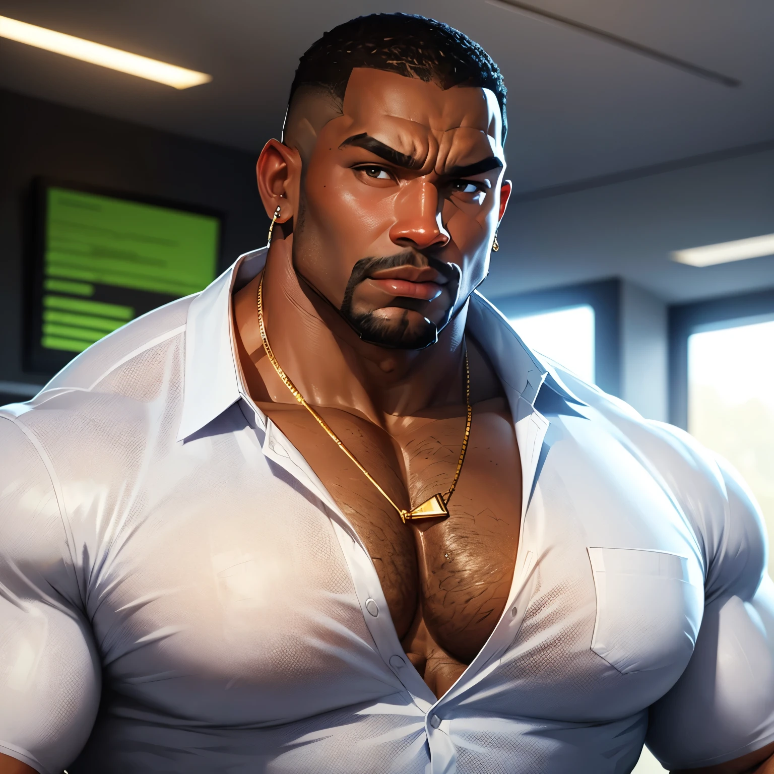 an exaggeratedly muscular and large bodyguard, beefy build, hefty, goatee, dark-skinned african american male, buzzcut hair with square line, (nervous expression: 1.2), (wearing white casual business shirt: 1.2), small company badge on shirt, (bara pecs: 1.3), beefy pecs, gold earrings, small gold necklace, arm tattoo, (arm and chest hair: 1.1), portrait HD, (fluorescent bright business office)