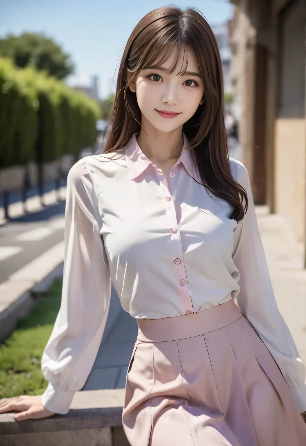 masterpiece, best quality:1.1), (8k, raw photo, photo realistic:1.2, f22), (shiny skin), detailed skin,long hair,detailed face, detailed eyes,smile,BREAK, real world, intricate details, smil, BREAK, 1girl, full body,(pink, Mandarin collar blouse,skirt),BREAK, (city:1.4), BREAK