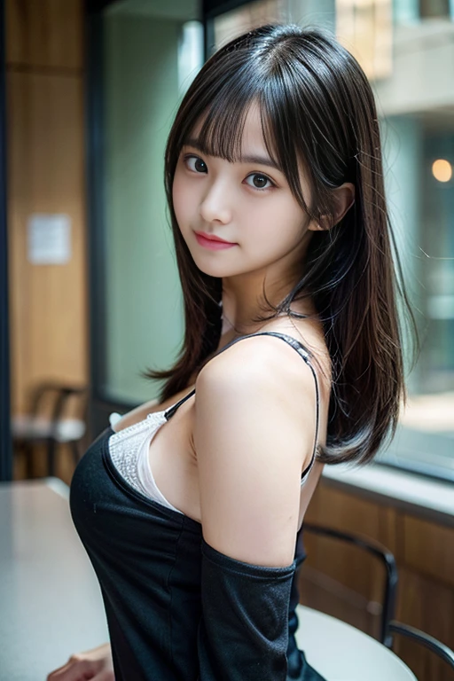 Tabletop, Super Detail, highest quality, High resolution,Black Hair,Detailed face,Cute face , ((Anatomically correct)),, ((One Girl)), (alone), university student,one piece,No sleeve,Huge breasts,Big Ass