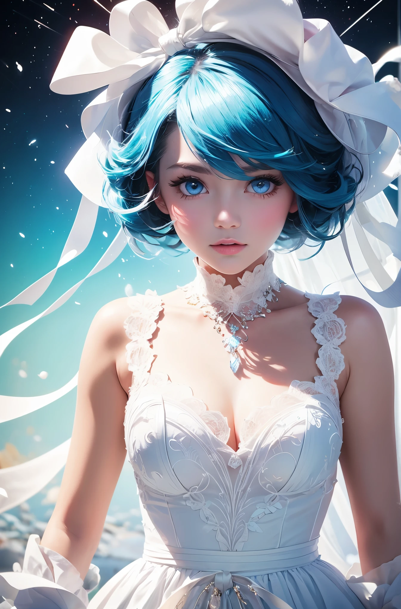 masterpiece, highest quality, Zoom out from space,morning, sun, Long powder blue hair, Powder Blue Eyes,Face Focus,woman, puppy, cute,Milky white ribbon wedding costume, Mysterious, highest quality, Beautiful graphics, Attention to detail,In the ring of the planet