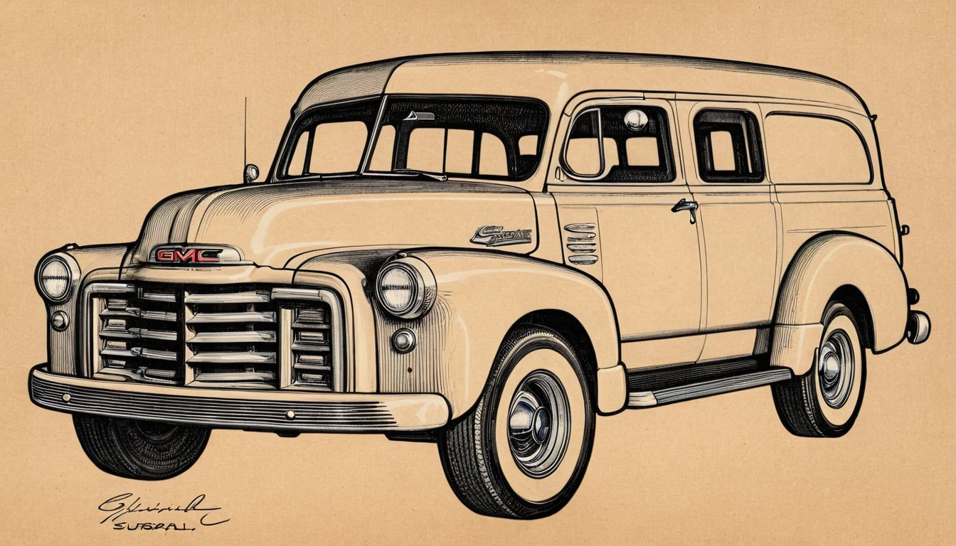 monochrome pencil drawing ,blueprint ,1952 GMC Suburban CarryAll, on kraft paper, highly detailed