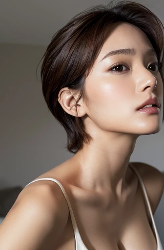 (masterpiece:1.3), (8k, Photorealistic, Raw photo, Best image quality: 1.4), Japanese women、profile、Cleavage:0.5、Super detailed face、Attention to detail、double eyelid、Put your chest together、Light brown hair、Boyish and sporty short hair、highest quality、masterpiece、超A high resolution、(Photorealistic:1.4)、Highly detailed and professional lighting、In a dark bedroom、Looking up at the ceiling、Casual Fashion、Off the shoulder、Deadly position