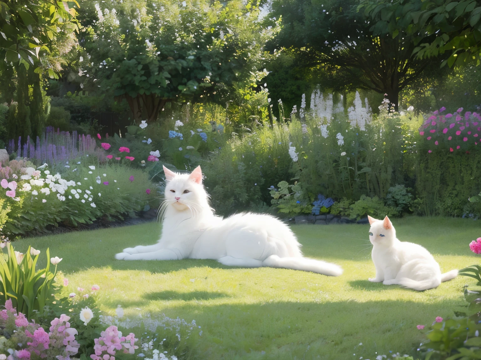 High-quality hyper-realistic rendering of a cute white long-haired cat in a garden, in the style of Monet, depicting a lazy pose.