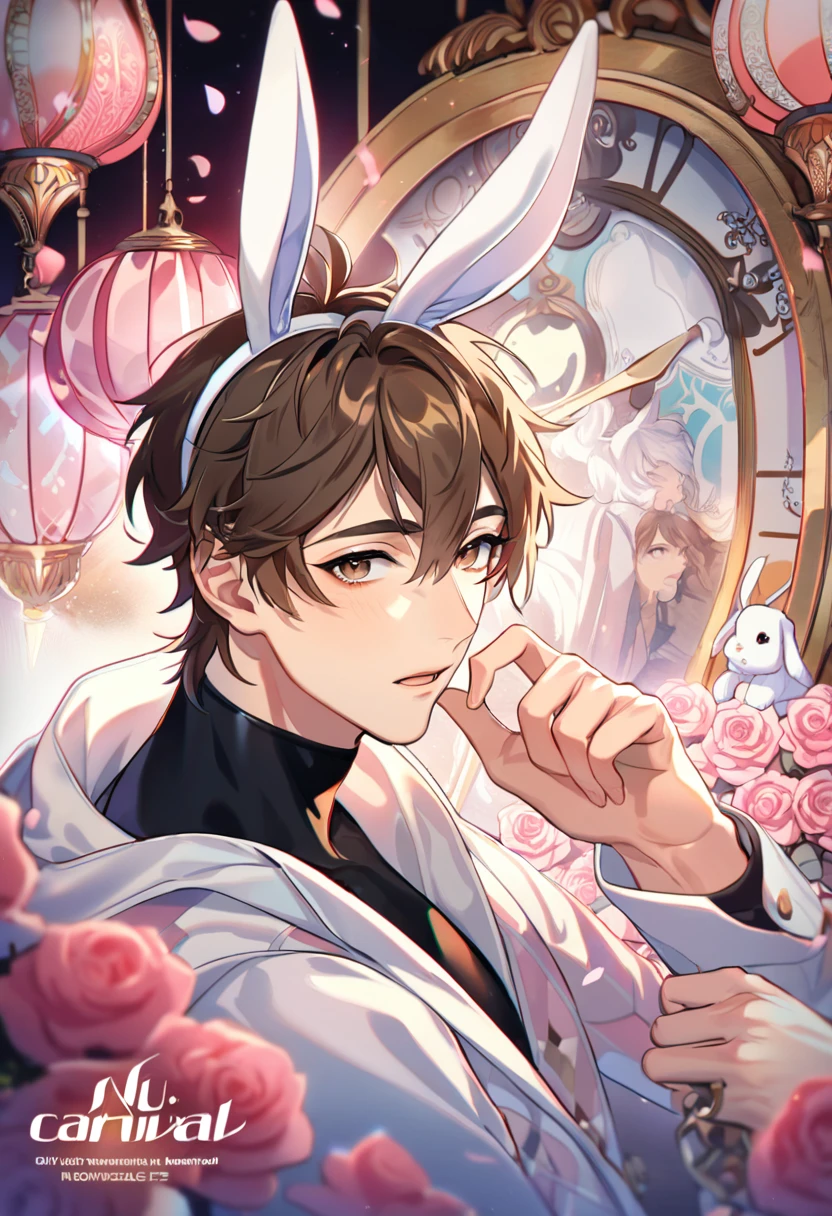 absurdres, highres, ultra detailed, HDR, master piece, best quality, perfect face, beautiful eyes, delicate features, Eiden, brown hair, expressive brown eyes, Nu Carnival, solo, sexy man, handsome, white bunny ears, white bunny tail, white coat, black shirt, patterns, in wonderland, clock, pink roses, pink petals, pink lanterns