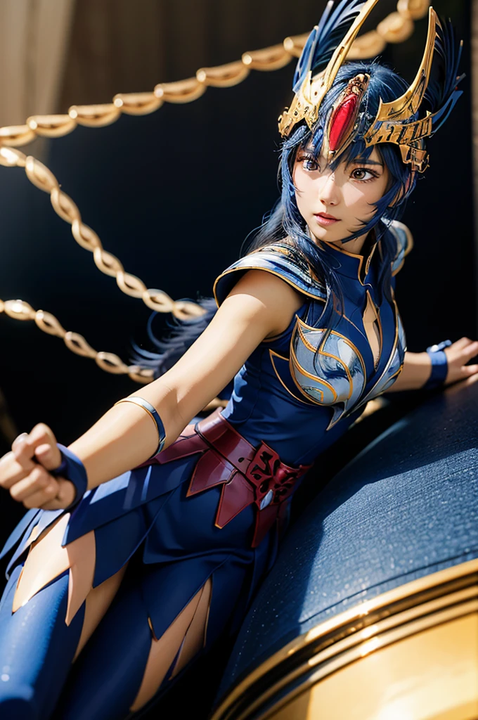 beautiful detail, best quality, 8k, highly detailed face and skin texture, high resolution, blue long hair asian girl in blue short sleeve and metal armor and red metalic skirt, wearing helmet, full body, sharp focus