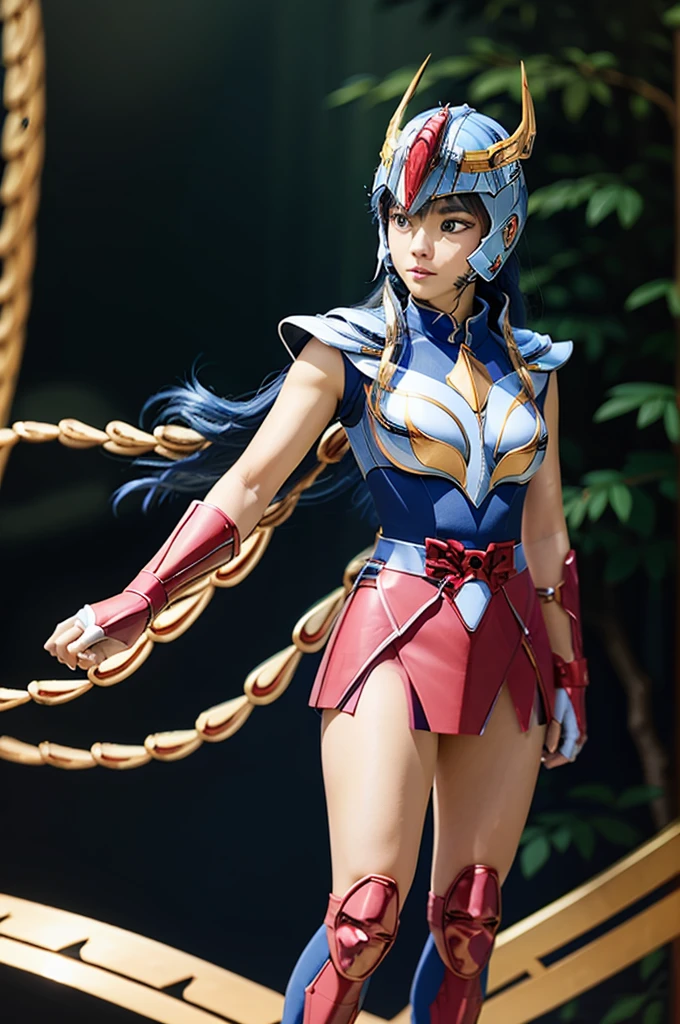 beautiful detail, best quality, 8k, highly detailed face and skin texture, high resolution, blue long hair asian girl in blue short sleeve and metal armor and red metalic skirt, wearing helmet, full body, sharp focus