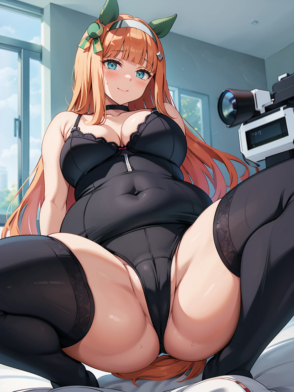 Plump thighs、Best image quality、High resolution、masterpiece、super high quality、Spreading her legs、Squat with your legs apart、Butt shooting、Black and white lace bra、black and white lace panties、とてもBig Ass、The buttocks are too big、Low Angle、Blushing、4K quality、Thick thighs、Big Ass、wearing black knee socks、Pubic hair growth、Shooting from below、Blushed、Big Breasts、Embarrassed face、You are tempting me、Photo studio、Porn video shoot、On the bed、Show your ass