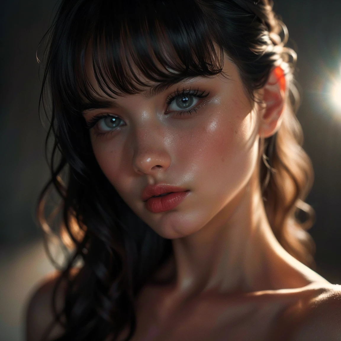 (((ultra realistic))) Photo, masterpiece, top quality, (pale skin), (Ultra detailed face and eyes:1.2), 1 girl, naked, (Eye makeup, mascara) , (large detailed lips), ((Dark wavy hair)), ((blunt bangs)) , (Natural breasts). ((Posing)), photoshoot, studio (Contour lighting), (The play of light and shadows), depth of field, bokeh, (special attention to skin detail: 1.2), Detailed leather texture, skin pores. (Dark and gloomy atmosphere of the frame. color scheme - black, Gray, ash tones), ((Film grain, VHS effect)), ((rays)) , ((flare)), ((close to the camera, radial background blur)) , ultra detialed,