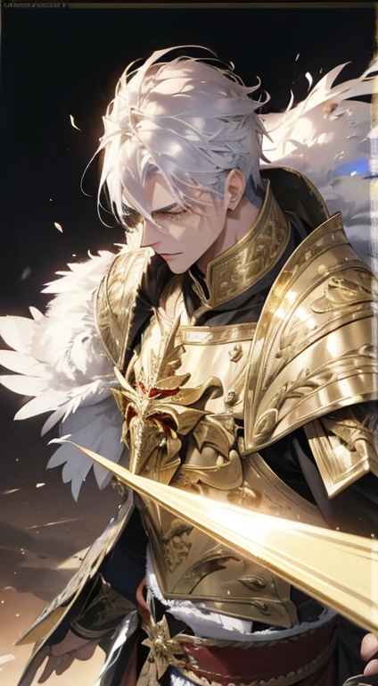A man, silver hair, gold Eagle knight, fine armor, intricate design, red details, silk, cinematic lighting, 4k, floating hair, sharp, prism, shining knight