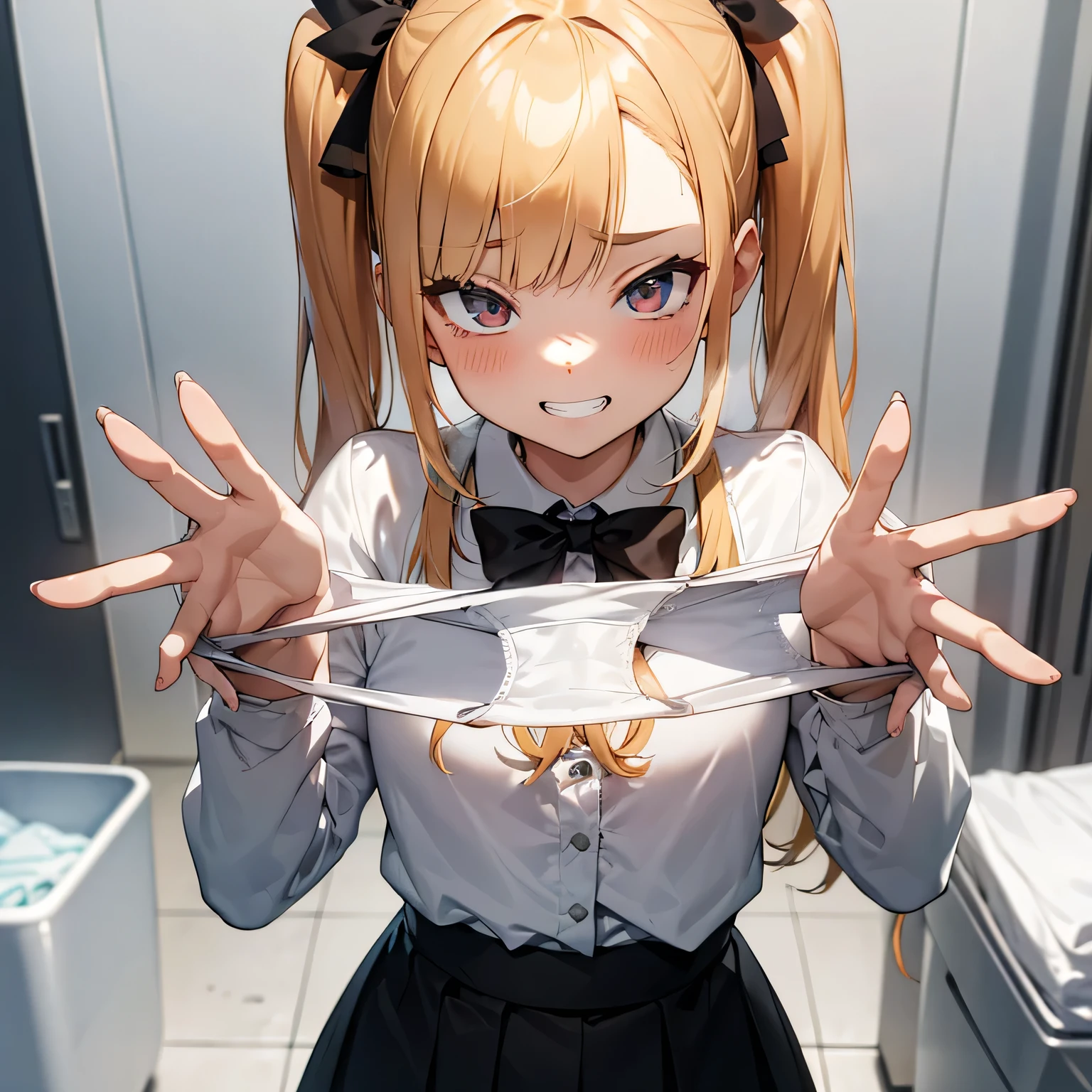 nsfw, One girl,
Laundry room, Laundry basket, a few underwears are in a Laundry basket,
Blonde, {{{Half Twin Tail:1.3}}}、break,blush, bow, red bow, Long sleeve, shirt, Collared shirt, skirt, Pleated skirt, black skirt, Small breasts,
,Upper Body,,Pay attention to the panties,Quality underwear,
Look down,View your viewers,
Panties as a gift,
Tabletop, highest quality, , Absurd, Perfect Skin, Detailed skin texture, Ultra-detailed, 8k, Intricate details, Beautifully detailed face,High resolution,
{{{Shadowed face}}}, mock, {{{Grit your teeth:1.2}}}, Grin, smile, Looking down at the viewer, masterpiece,Absurd, Beautiful detailed face when viewed from the front,