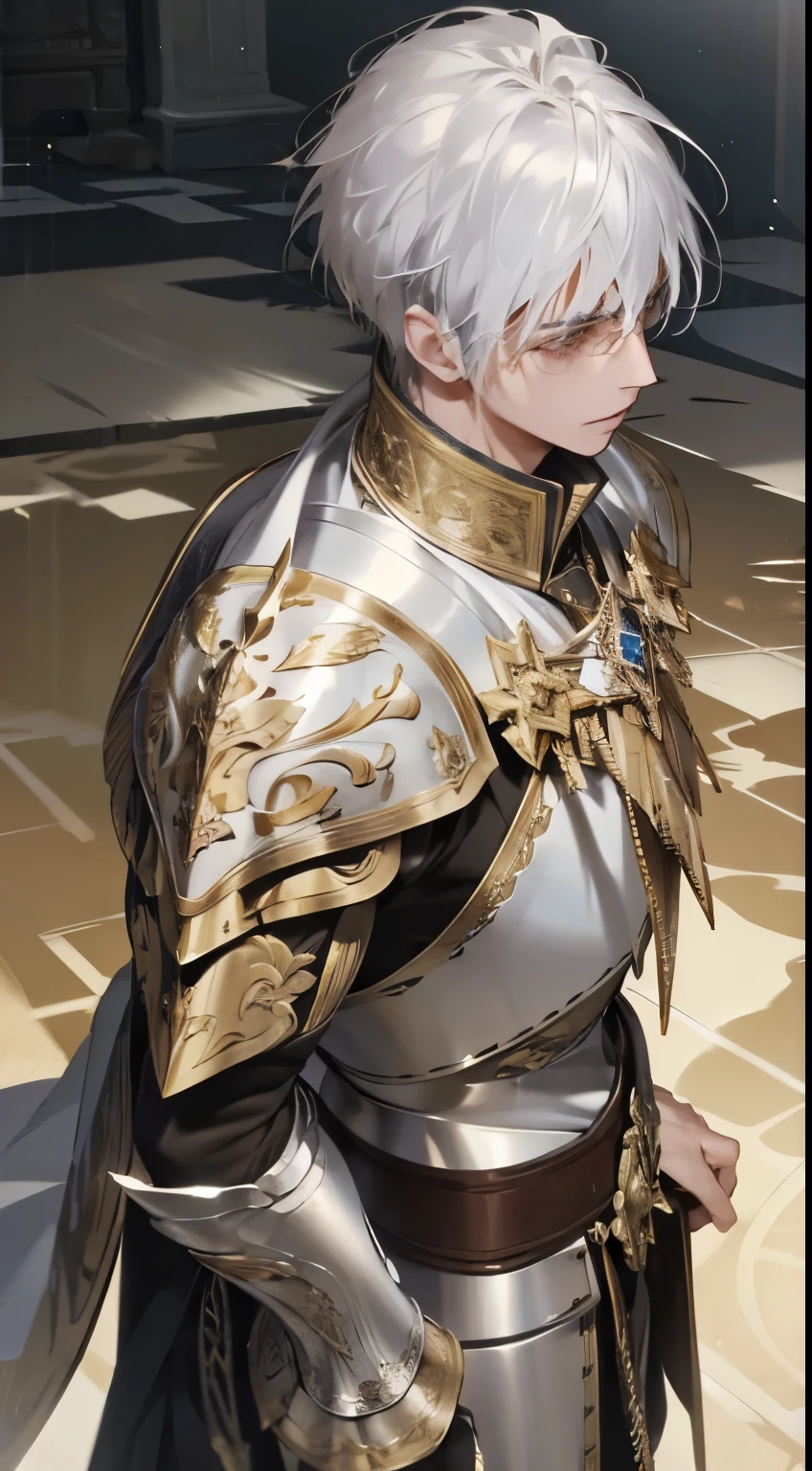 A man, silver hair, gold Eagle knight, fine armor, intricate design, red details, silk, cinematic lighting, 4k, floating hair, sharp, prism, shining knight