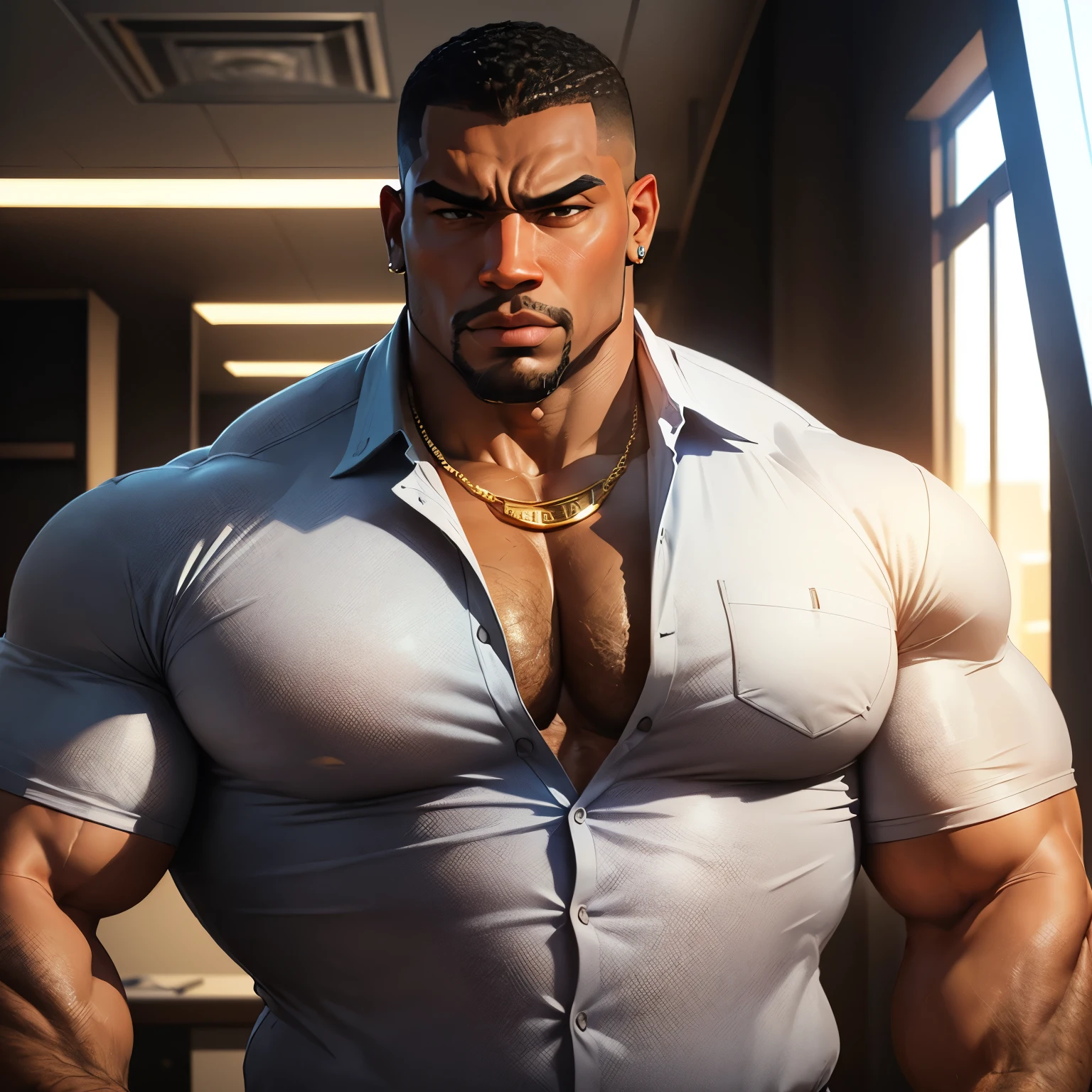 an exaggeratedly muscular and large bodyguard, beefy build, hefty, goatee, dark-skinned african american male, buzzcut hair with square line, (nervous expression: 1.2), (wearing black casual business shirt: 1.2), small company badge on shirt, (bara pecs: 1.3), beefy pecs, gold earrings, small gold necklace, arm tattoo, (arm and chest hair: 1.1), portrait HD, (fluorescent bright business office with large windows)