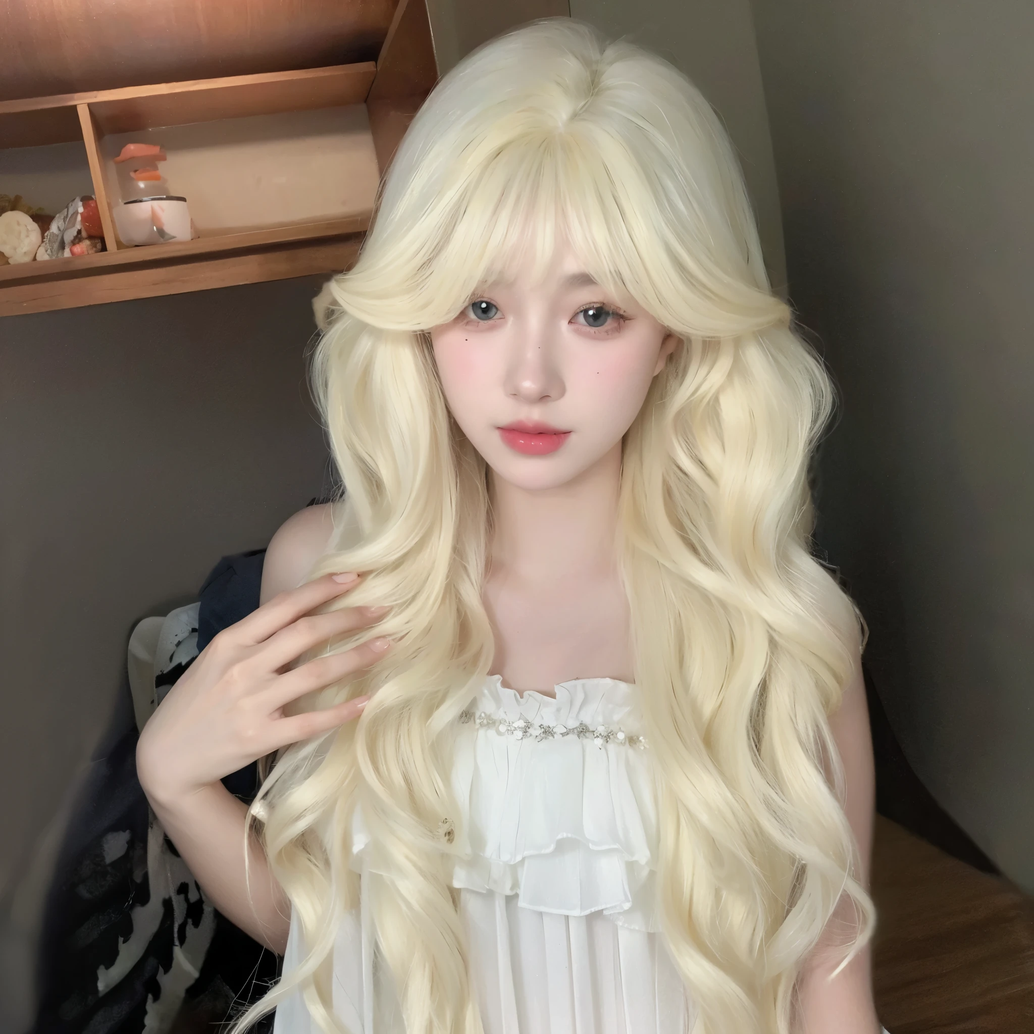 Air bangs long curly hair,Creamy Platinum Long Curly Hair,The background is simple and clean,The characters are beautiful,Background is more natural