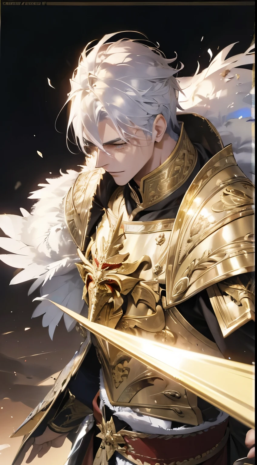 A man, silver hair, gold Eagle knight, fine armor, intricate design, red details, silk, cinematic lighting, 4k, floating hair, sharp, prism, shining knight