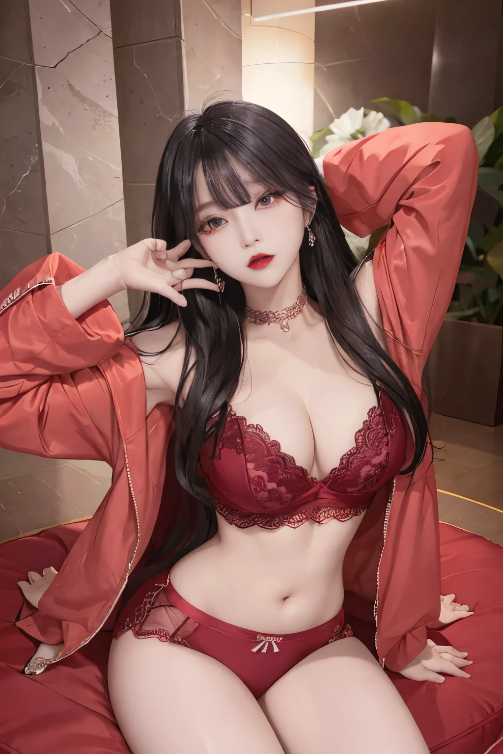 Top image quality、Raw photography、A high resolution、20-year-old cool Korean、big round chest、silk jacket、sexy red lace underwear、Beautiful Eyes of Details、very elongated eyes、Beautiful eyelashes、Beautiful double eyelids、eyeshadows、long legs,medium thighs, beautiful eyes finely detailed、elongated eyes、long eyeslashes、Beautiful double eyelids、eyeshadows、earrings、shiny skin、 1 girl, solo,