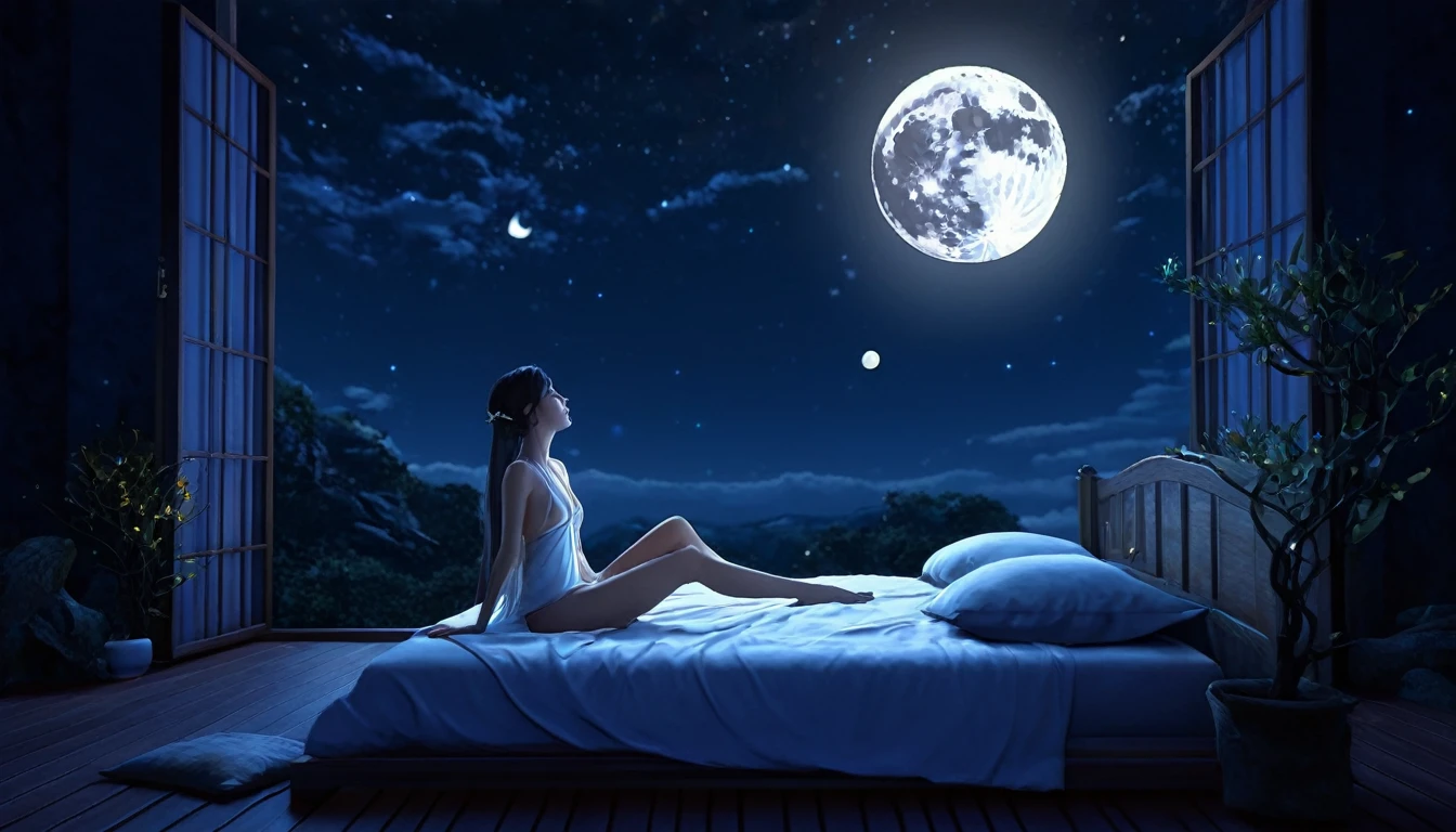 A woman is sitting on a bed with a full moon in the background, quiet night. digital illustration, Dreamless Night, Moon Goddess, elven spirit To meditation in space, Realistic Anime 3D Style, In the astral world ) ) ), To meditation, A dreamlike night, Sit on the moon, Sleeping Goddess, Inspired by Yumei, The presence of the moon