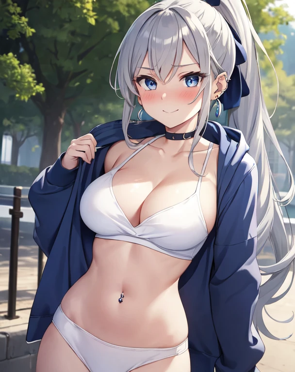 (((masterpiece))), ShizukaMikazuki, One Girl, alone, View audience, Long Hair, Gray Hair, Long sleeve, Cleavage, Large Breasts, Mature Body,clavicle, Jacket, Open clothes, open Jacket, blue hoodie, Play sports often, bicycle,Clear light blue eyes, Blushing,High Ponytail, Navy blue ribbon,smile,Embarrassed face,Earrings,Silver navel piercing,Park at dusk