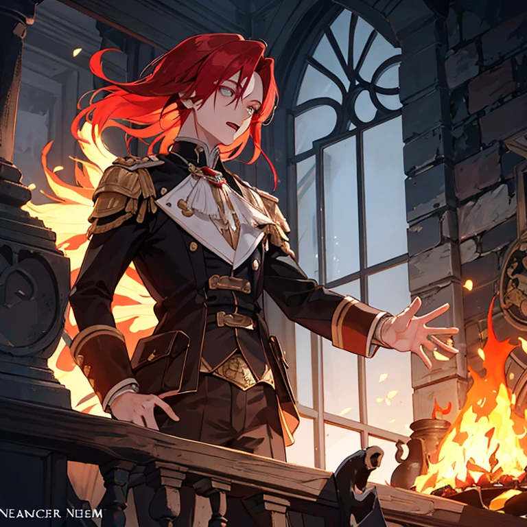 I am a nineteen-year-old young man., He had fiery red hair and a necromancer&#39;s staff, his fiery red hair flowing down to his shoulders.., A sharp contrast to the typical black or brown shades of its peers.. In his hands, he held a wooden cane, Decorated with ancient symbols and amulets to manipulate the supernatural world of hair.. His intense eyes hinted at the power hidden within him.., Makes onlookers interesting and cautious.. He wore a simple tunic., reveal something strong, strong muscles in the arms, Sprinkling the ashes of the burnt offering. his eyes shined