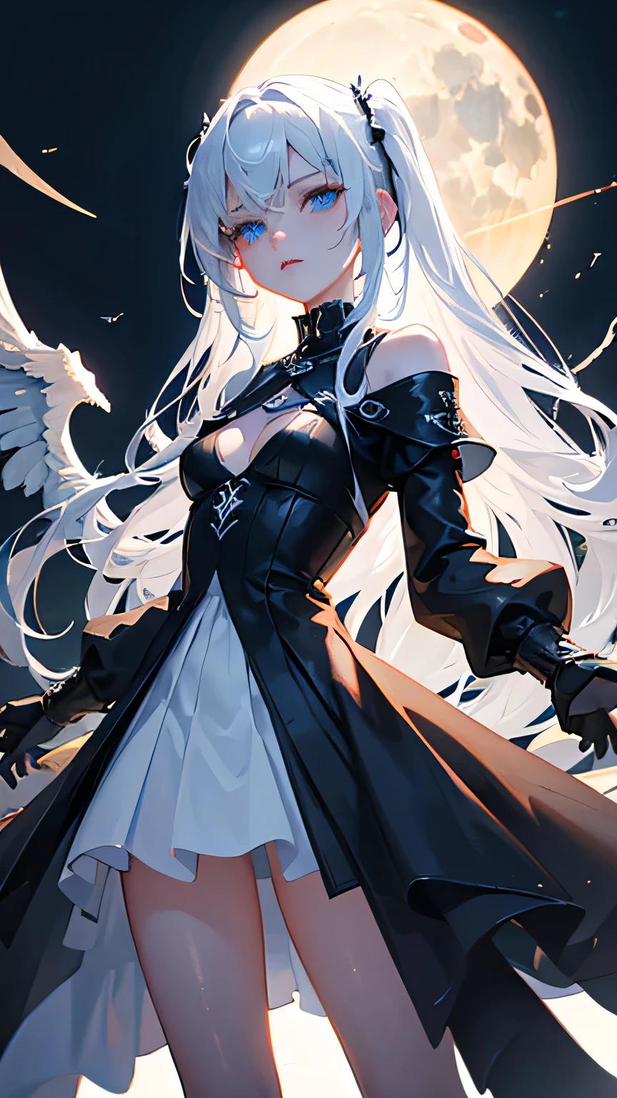 1 adult woman, High detail mature face, long messy white hair, fallen angel, angel, black angel wings, unamused, blue eyes, black battle dress, fluffy dress, (long sleeves:1.3), shoulders covered, high res, ultra sharp, 8k, masterpiece, looking at viewer, Sharp eyes, standing, legs apart, lips aparr, breasts apart, (small breasts:1.3), holding scythe, ((Best quality)), ((masterpiece)), 3D, HDR (High Dynamic Range),Ray Tracing, NVIDIA RTX, Super-Resolution, Unreal 5,Subsurface scattering, PBR Texturing, Post-processing, Anisotropic Filtering, Depth-of-field, Maximum clarity and sharpness, Multi-layered textures, Albedo and Specular maps, Surface shading, Accurate simulation of light-material interaction, Perfect proportions, Octane Render, Two-tone lighting, Wide aperture, Low ISO, White balance, Rule of thirds,8K RAW, Aura, masterpiece, best quality, Mysterious expression, floating golden chains, black battle dress, ornate dress, mechanic creatures or mystical background, rim lighting, ultra high res, 8k uhd, film grain, best shadow, delicate, RAW, light particles, detailed skin texture, detailed cloth texture, beautiful face, full body, from front, far away, midnight, full moon backgrounr, heavy shadows