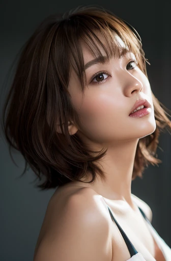 (masterpiece:1.3), (8k, Photorealistic, Raw photo, Best image quality: 1.4), Japanese women、profile、Cleavage:0.5、Super detailed face、Attention to detail、double eyelid、Put your chest together、Light brown hair、Boyish and sporty short hair、highest quality、masterpiece、超A high resolution、(Photorealistic:1.4)、Highly detailed and professional lighting、In a dark room、Looking up at the ceiling、Casual Fashion、Off the shoulder、Deadly position