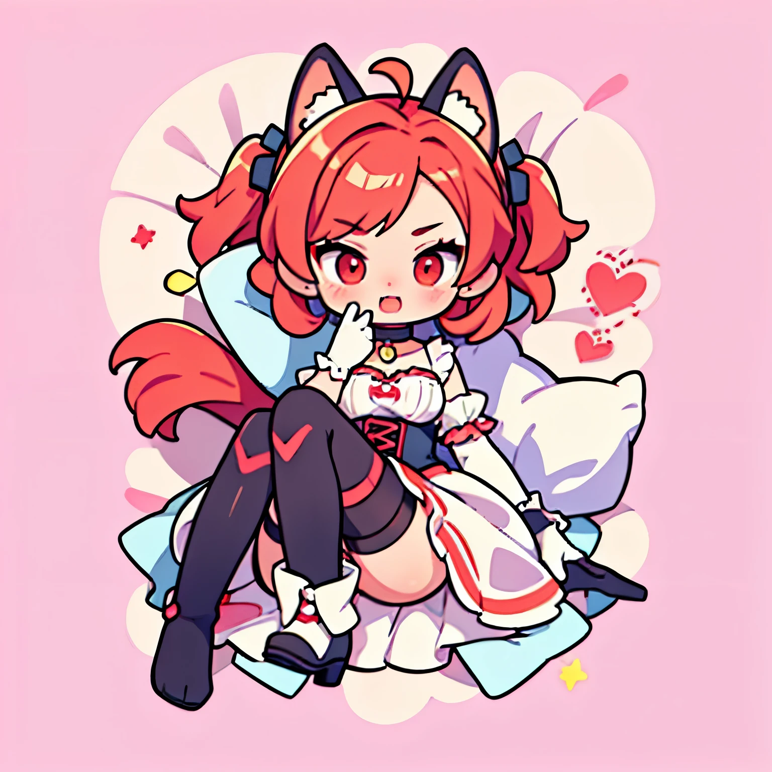 Fox girl,Cat girl,Skinny,breast reduction,lying among colorful flashes, among colorful, soft colours background, stroking own chin,reaching,arm at side,knees together feet apart,red hair,medium hair,ahoge,red eyes,White skin,evil seductive,smug, open mouth, cute anime fangs, cute anime girl fangs, cute, subtle blush, large dress,corset, large skirt,dirndl, suspender skirt,thigh strap,boots,tiara,earclip,choker,elbow gloves,fingerless gloves,gloves,Dress,Corset,View From Above,Overhead View,Red,White,Brown,Elegant,Eye Makeup, laying ,Cute, cute eyes, profile wallpaper, earclip, soft colors background, Efecto de colores alrededor, surrounded by colorful lights, pastel colors background, liying on colorful bed, colorful blankets, bed sheet background, looking at viewer