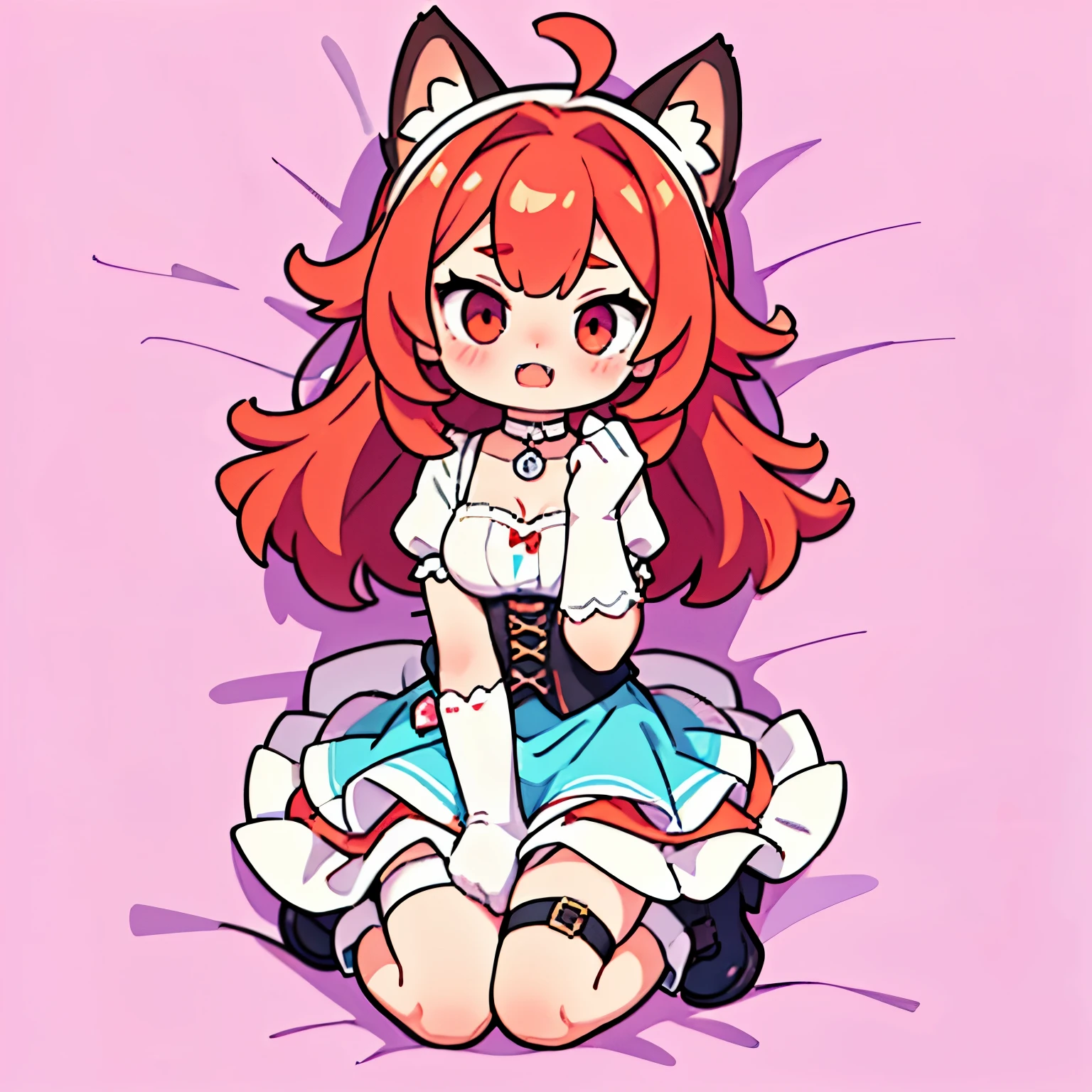 Fox girl,Cat girl,Skinny,breast reduction,lying among colorful flashes, among colorful, soft colours background, stroking own chin,reaching,arm at side,knees together feet apart,red hair,medium hair,ahoge,red eyes,White skin,evil seductive,smug, open mouth, cute anime fangs, cute anime girl fangs, cute, subtle blush, large dress,corset, large skirt,dirndl, suspender skirt,thigh strap,boots,tiara,earclip,choker,elbow gloves,fingerless gloves,gloves,Dress,Corset,View From Above,Overhead View,Red,White,Brown,Elegant,Eye Makeup, laying ,Cute, cute eyes, profile wallpaper, earclip, soft colors background, Efecto de colores alrededor, surrounded by colorful lights, pastel colors background, liying on colorful bed, colorful blankets, bed sheet background, looking at viewer