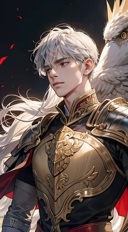 A man, silver hair, gold Eagle knight, fine armor, intricate design, red details, silk, cinematic lighting, 4k, floating hair, sharp, prism, shining knight