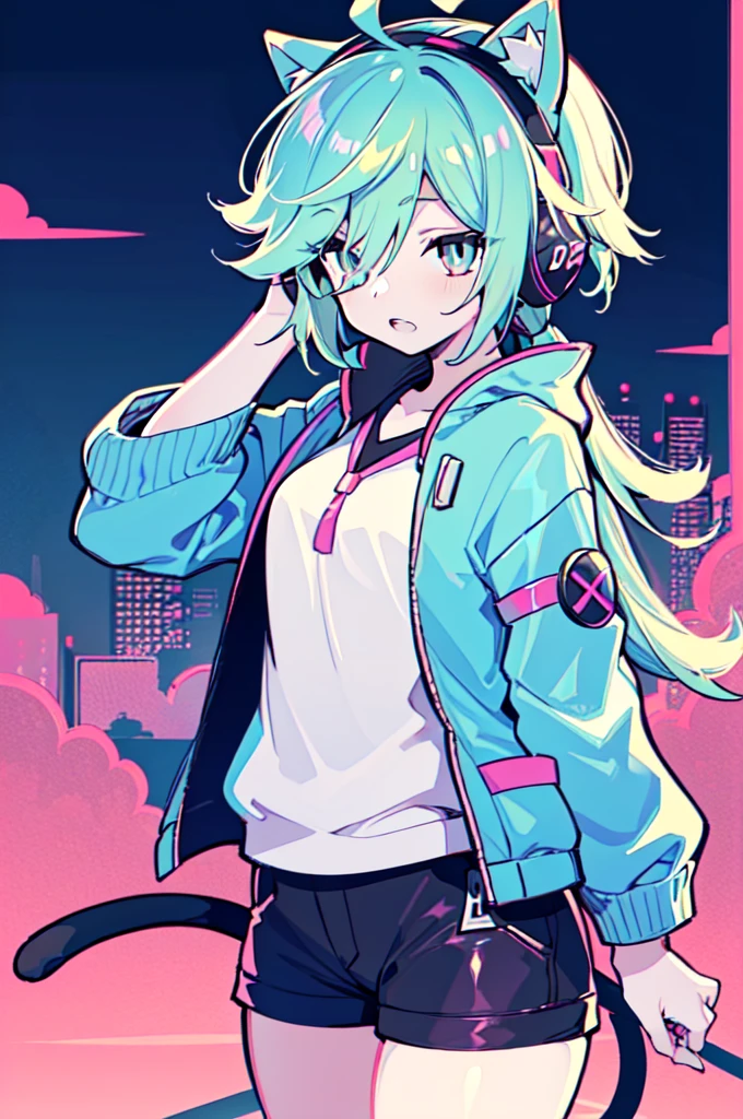 (confident gamer girl:1.3), cyan hair, ponytail, top quality, best quality, (character design:1.3), (1girl:1.3), cyberpunk, snaggletooth, (grey and pink colored eyes:1.4), (beautiful detailed eyes), black and white outfit, (sports bra:0.7), shorts, (open jacket), (hair over eyes), (side swept hair:1.5), (dramatic front hair), (spiky bangs), (bangs pulled back), cat ears, (cat tail), headphones, pokemon trainer, genshin character