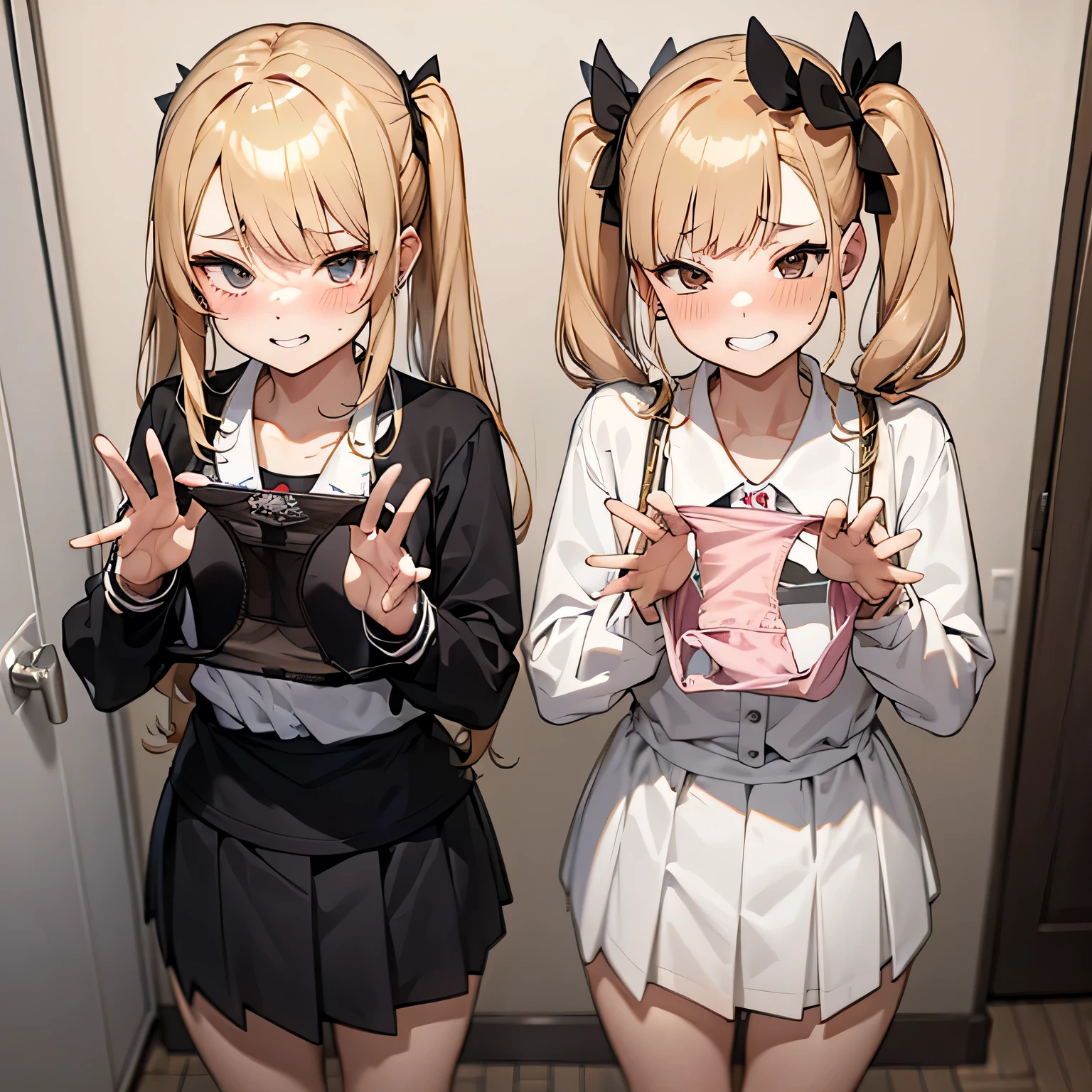 nsfw, In underwear, One girl,
Laundry room, Laundry basket, a few underwears are in a Laundry basket,
Blonde, {{{Half Twin Tail:1.3}}}、break,blush, bow, red bow, Long sleeve, shirt, Collared shirt, skirt, Pleated skirt, black skirt, Small breasts,
,Upper Body,,Pay attention to the panties,Quality underwear,
Look down,View your viewers,
Panties as a gift,
Tabletop, highest quality, , Absurd, Perfect Skin, Detailed skin texture, Ultra-detailed, 8k, Intricate details, Beautifully detailed face,High resolution,
{{{Shadowed face}}}, mock, {{{Grit your teeth:1.2}}}, Grin, smile, Looking down at the viewer, masterpiece,Absurd, Beautiful detailed face when viewed from the front,