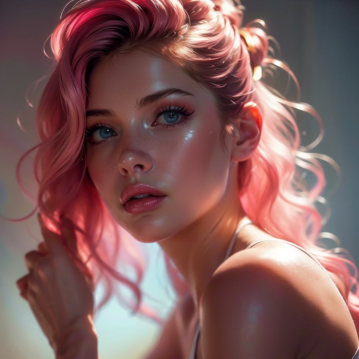 (((ultra realistic))) Photo, masterpiece, top quality, (pale skin), (Ultra detailed face and eyes:1.3), 1 girl, Adult, In Lifchik, ((Eye makeup, pink mascara)), ((large detailed lips)), ((pink wavy hair)), ((Stylish hairstyle)) , (Natural breasts), Slim waist. ((Posing, Hand on face)), photoshoot, Studio soft lighting, (The play of light and shadows), depth of field, bokeh, (special attention to skin detail: 1.2), Detailed leather texture, skin pores. (Airy atmosphere of the frame. Color range - delicate, Bright, Pink tones), UDR, ((Film grain)), ((rays)), (Glare), ((waist up portrait, close to the camera)) , ultra detialed,