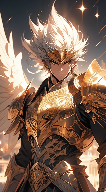 A man, silver hair, gold Eagle knight, fine armor, intricate design, red details, silk, cinematic lighting, 4k, floating hair, sharp, prism, shining knight