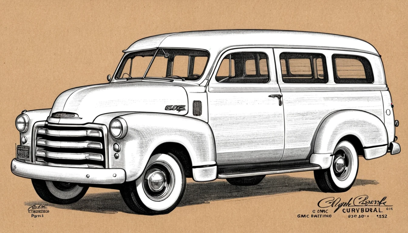 monochrome pencil drawing ,blueprint ,1952 GMC Suburban CarryAll, on kraft paper, highly detailed