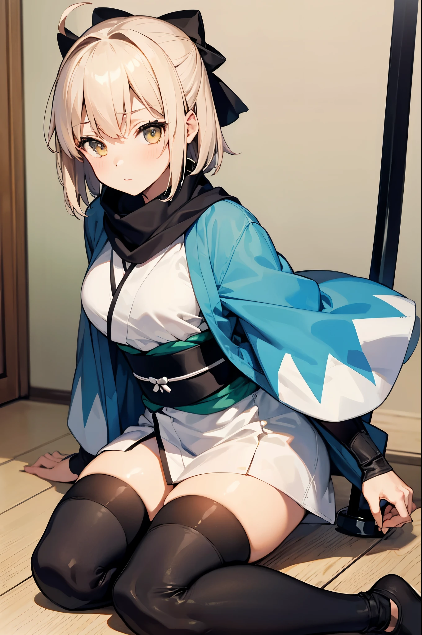 (masterpiece, best quality:1.2), expressive eyes, perfect face, highres, 1girl, solo, OkitaSouji, arm guards,wide sleeves,toeless legwear,bangs,obi, white kimono, shinsengumi, black thighighs, yellow eyes,thighhighs , short kimono, haori, black bow, black scarf, short hair, ahoge, scarf, blonde hair, hairbow,bow, kimono,japanese clothes, sittingon floor, knees up, portrait, looking at the viewer
