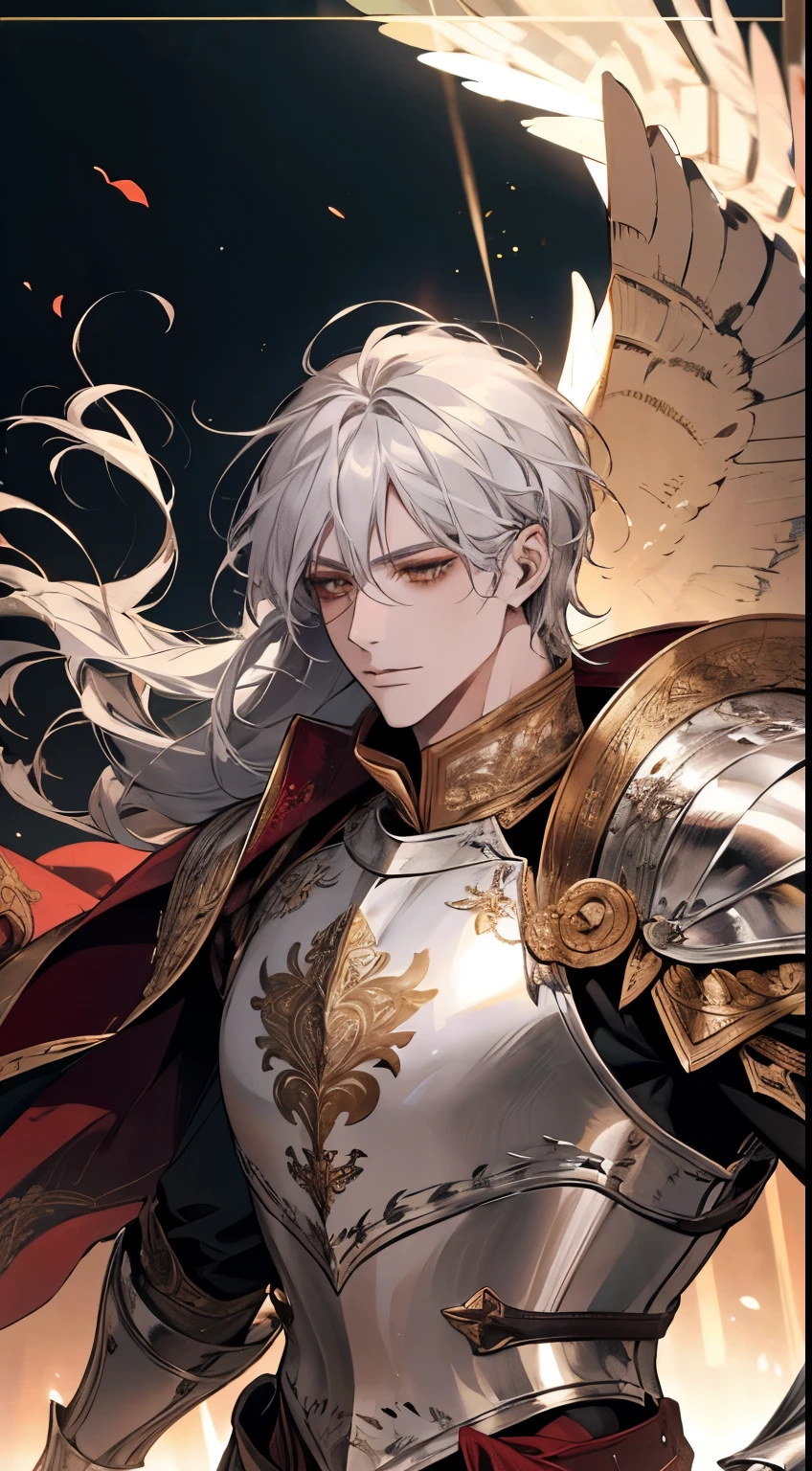 A man, silver hair, gold Eagle knight, fine armor, intricate design, red details, silk, cinematic lighting, 4k, floating hair, sharp, prism, shining knight