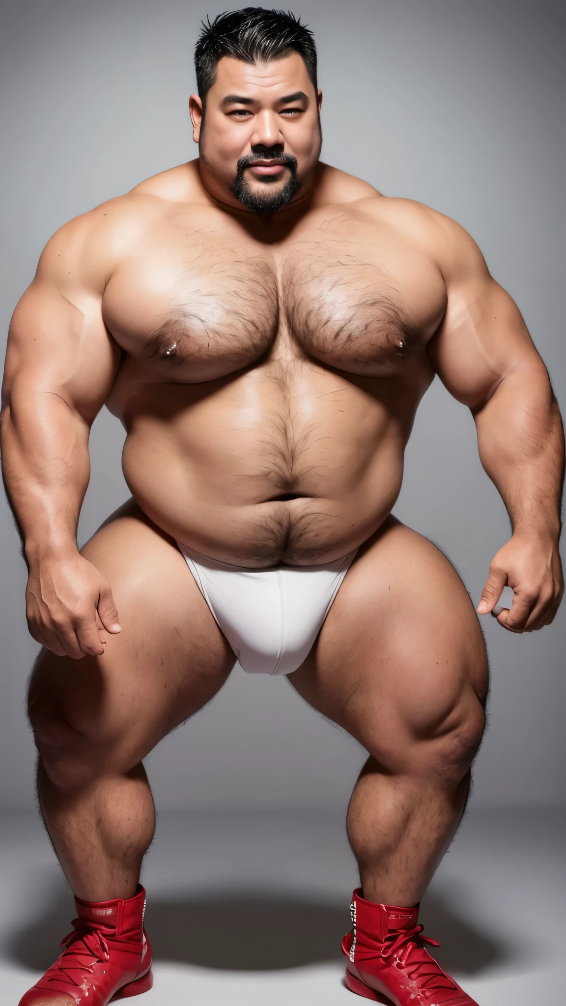 black hair, middle-aged man, individual, male, Muscular wrestler, muscular, Stout wrestler, Asian, Japanese, uncle, 55 year old middle-aged man, short hair, short hair, red wrestling boots, full body portrait, shadow, Vision, red briefs, obesity, 45 years old, short beard, middle-aged man, tattoo, fingerless gloves, Wheat skin, shiny skin, dark skin, Show your pectoral muscles, sumo wrestler, bodybuilder, wide temples, Visible abdominal muscles, Smile, Fine hands, solid color background, pure white background, Surrealism, Panorama, 8k, super detail，