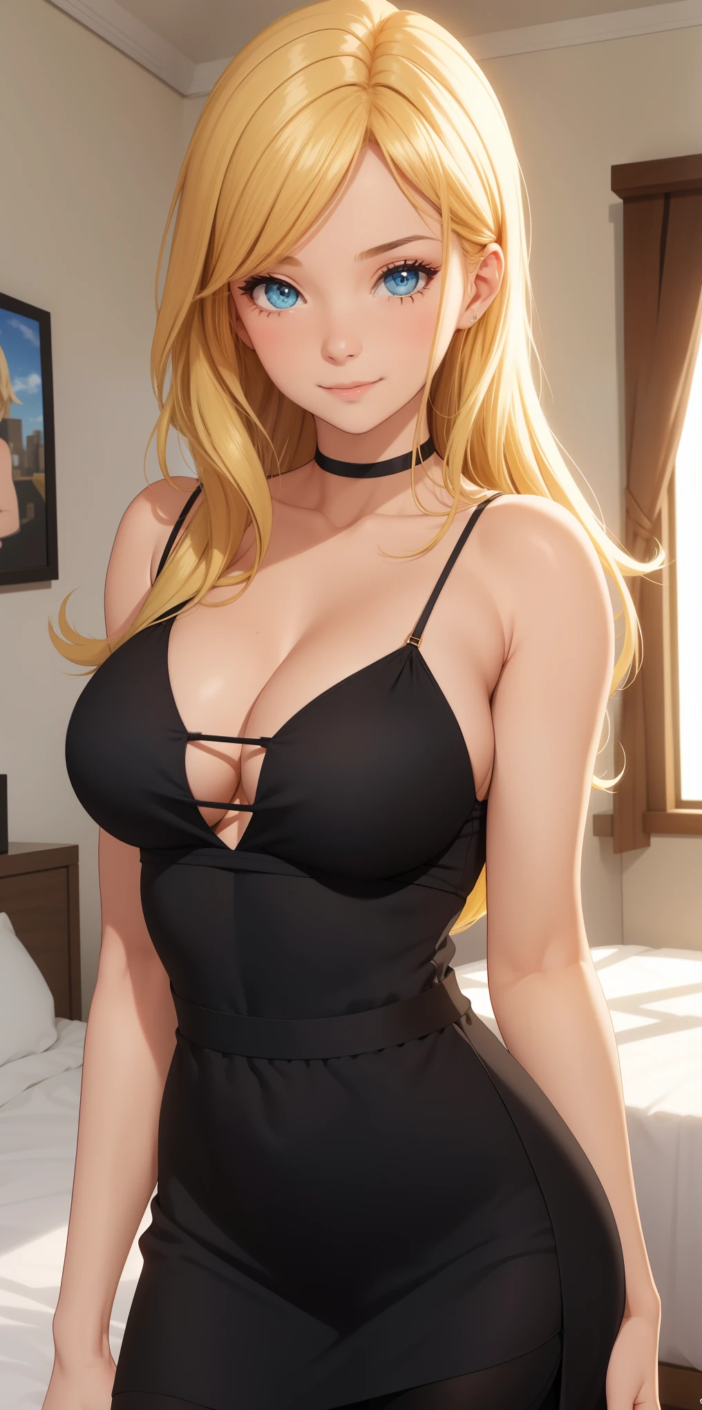 (close shot, best quality:1.5, highres, UHD, 4K, detailed lighting, shaders), blonde ponytail, large breasts, tight camisole, shorts, thighs, standing, side body, looking at viewer, bedroom background