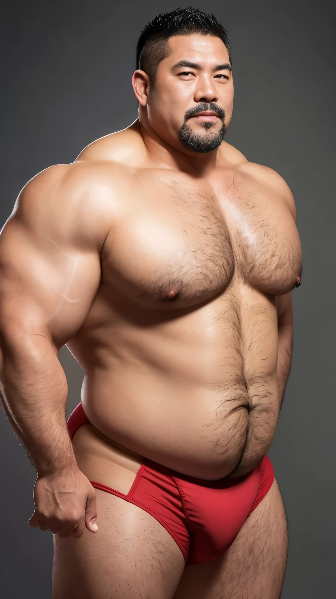 black hair, middle-aged man, individual, male, Muscular wrestler, muscular, Stout wrestler, Asian, Japanese, uncle, 55 year old middle-aged man, short hair, short hair, red wrestling boots, full body portrait, shadow, Vision, red briefs, obesity, 45 years old, short beard, middle-aged man, tattoo, fingerless gloves, Wheat skin, shiny skin, dark skin, Show your pectoral muscles, sumo wrestler, bodybuilder, wide temples, Visible abdominal muscles, Smile, Fine hands, solid color background, pure white background, Surrealism, Panorama, 8k, super detail，