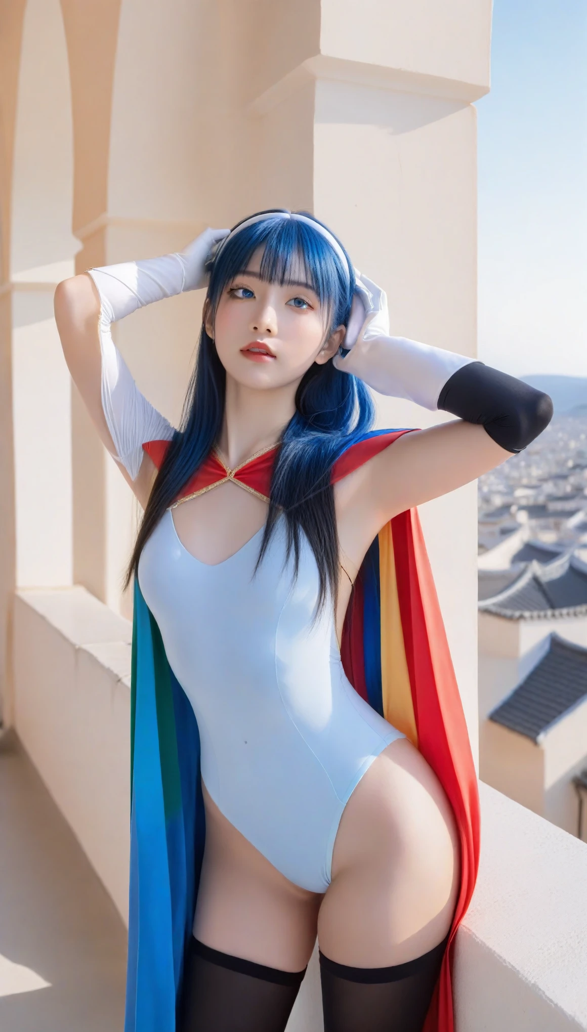 Cinematic film still, Ancient, Low angle shot, Ansel Adams style, Elegant girl with a hairband, wearing a leotard and cape, her blue hair flowing, multicolored eyes gleaming, vision of Genshin Impact, long sleeves and gloves, side locks framing her face, black thighhighs, standing proudly, Ruins of an ancient city, vast space around her, symmetrical composition, Soft natural lighting, Canon camera, 85mm lens, F2.8 aperture.