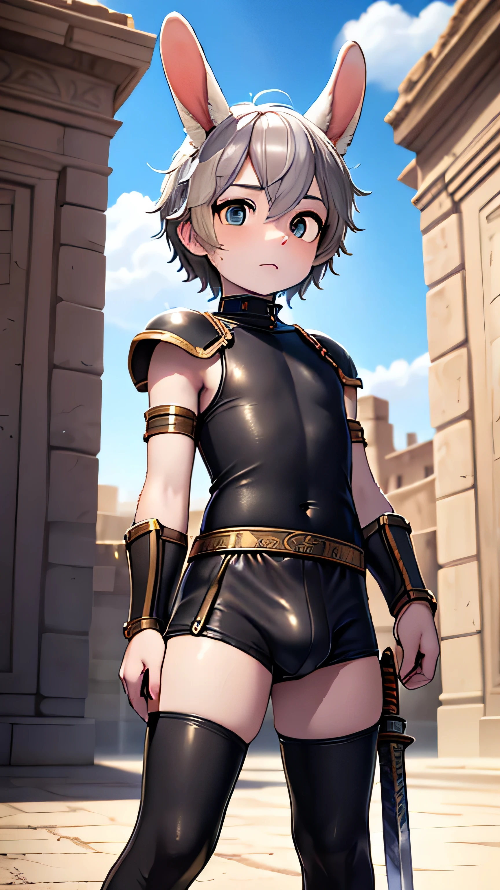 (masterpiece, best quality:1.2), (masterpiece, best quality:1.2), Rabbit Shota，Rabbit Boy，warrior，Gladiator，Gray hair，furry，Ancient Roman gladiatorial arena background，Outdoor Background，grey ears，Gray hair，short hair，messy hair，Nervous expression，Bulge between the thighs，Crotch bulge，Plain clothing，Dirty clothes，Leather，Arm Guard，Leggings，Holding a sword，Holding a long sword，Hold a long sword，Handheld weapons