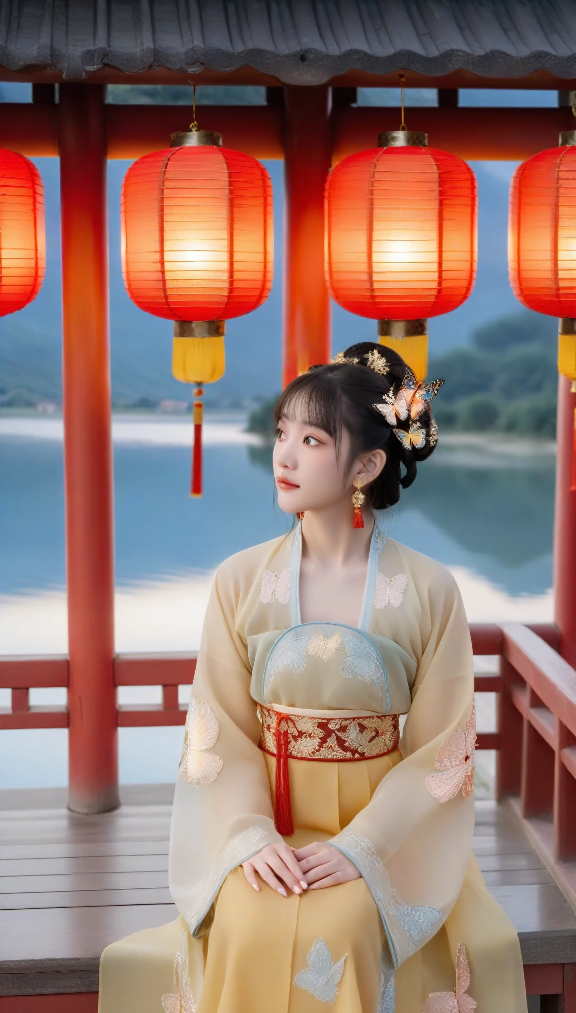 Cinematic film still, ancient Chinese setting, wide angle shooting, highly detailed and artistic style. A young girl with black hair and brown eyes, wearing a see-through dress with butterfly motifs, a backless dress, and double bun hairstyle adorned with a butterfly hair ornament. She has golden dragon prints on her dress, elbow-length gloves, and various jewelry like earrings and a bead anklet. She is barefoot with polished toenails, standing spread-legged in an outdoor setting featuring traditional Chinese architecture near a lake in an ancient town. The scene includes beautifully rendered water, red lanterns, and fireworks in the background. Bright, dramatic lighting, Canon camera, 35mm lens, F1.2 aperture.