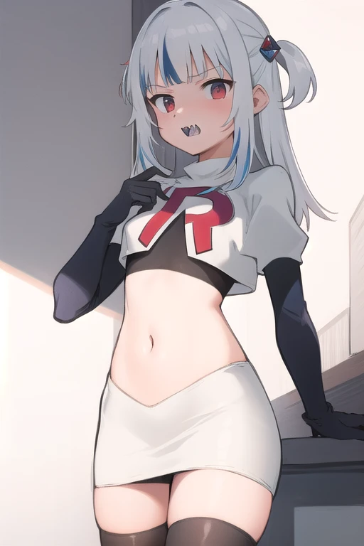 gawr gura, 1girl,solo, small breasts, gray hair, hair ornaments,two side up, streaked hair, sharp teeth, team rocket,team rocket uniform,white skirt,red letter R,crop top,black thigh-highs,black elbow gloves