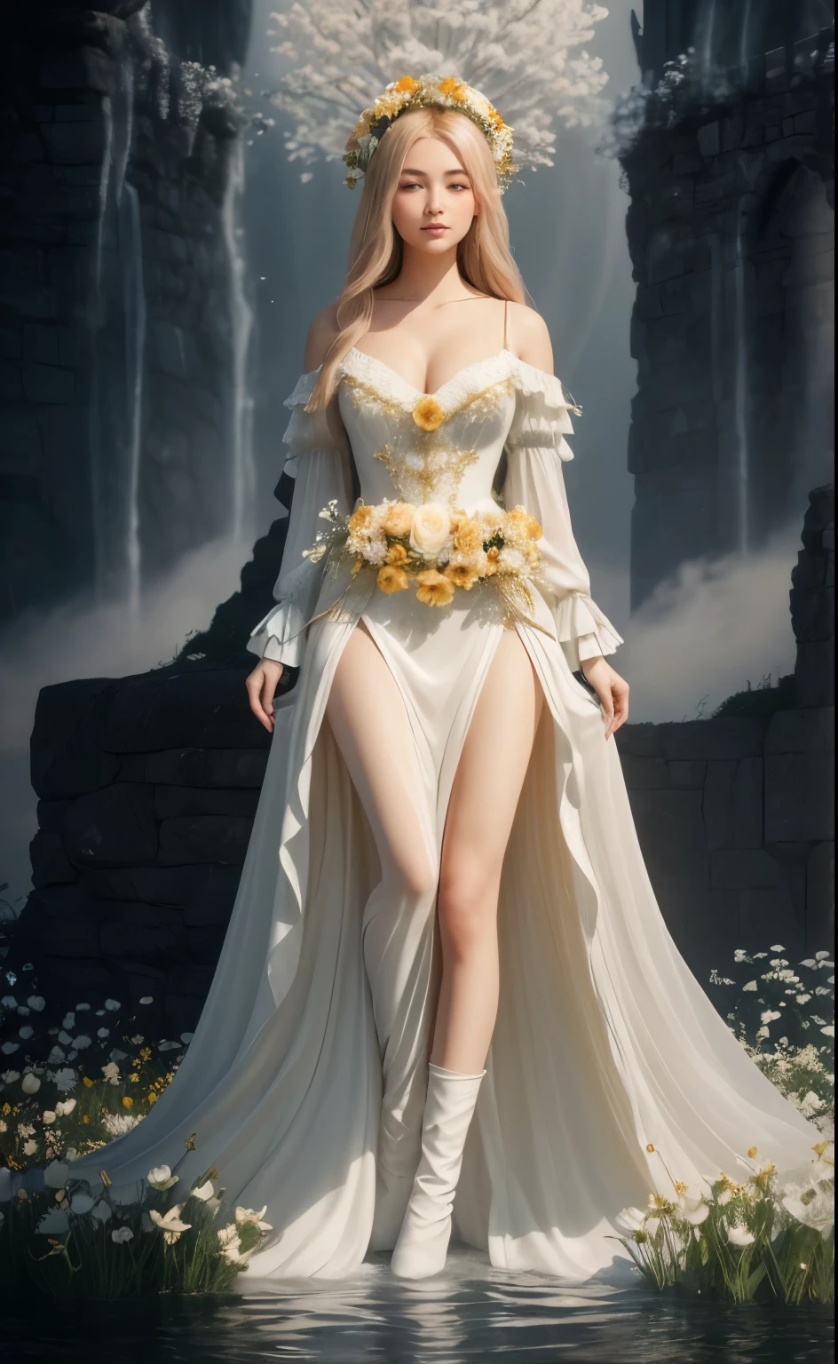Flowers like castles from a golden spring tower over a beautiful Lady fare, dehaze image, in the spring of eternal sun she bathes her alabaster form to a symphony of trumpeter swans the flay in the sunbeam shy of assure and cotton cloud A extreme 90 meters long shot octane render, high quality hyperdetailed 24k photorealistic, dehaze, Davinci, This is a realistic fantasy artwork taking place in a subzero cold winter landscape. Generate a stately, elegant, and graceful (((Pocahontas))) elf in a magical world of stunning gilded roses with multicolors and shimmering ice glittering in the light. Her face is elegant and middle-aged and includes realistic shading, incredibly detailed and distinct features, ((soft puffy and kissable mouth with a defined cupid's bow)), and (realistic eyes). (Her eyes are important) and should be (beautiful detailed eyes with macro details), realistic details, and a shifting array of beautiful blue colors. Her clothes should be delicately spun from weightless,