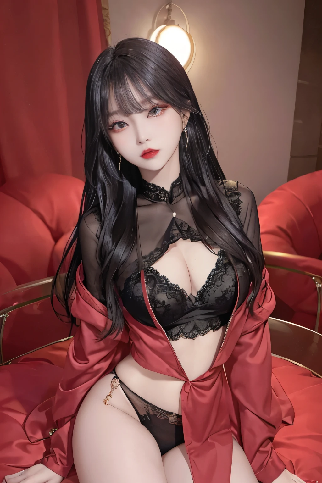 Top image quality、Raw photography、A high resolution、20-year-old cool Korean、big round chest、silk jacket、sexy red lace underwear、Beautiful Eyes of Details、very elongated eyes、Beautiful eyelashes、Beautiful double eyelids、eyeshadows、long legs,medium thighs, beautiful eyes finely detailed、elongated eyes、long eyeslashes、Beautiful double eyelids、eyeshadows、earrings、shiny skin、 1 girl, solo, 