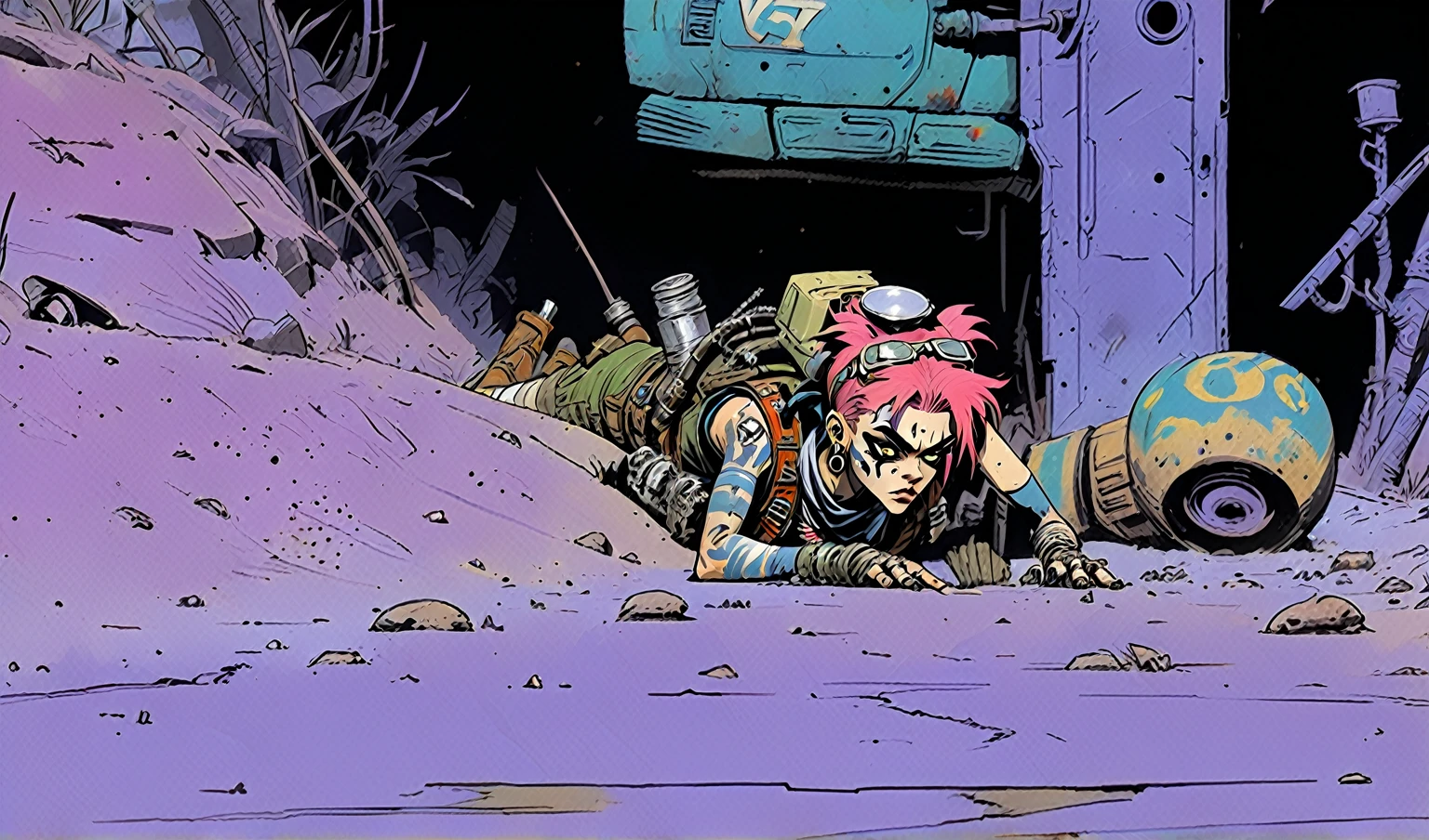 (Tank Girl) videogame, dive into the game world of outlaws in post-apocalyptic Australia desert. rich color hues, cel shading, joelle jones style reference, bold expressive ink lines,
