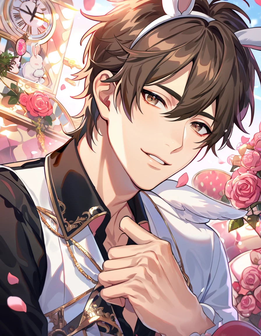 absurdres, highres, ultra detailed, HDR, master piece, best quality, perfect face, beautiful eyes, delicate features, Eiden, brown hair, expressive brown eyes, Nu Carnival, solo, sexy man, handsome, white bunny ears, white bunny tail, white coat, black shirt, patterns, in wonderland, clock, pink roses, pink petals, pink lanterns
