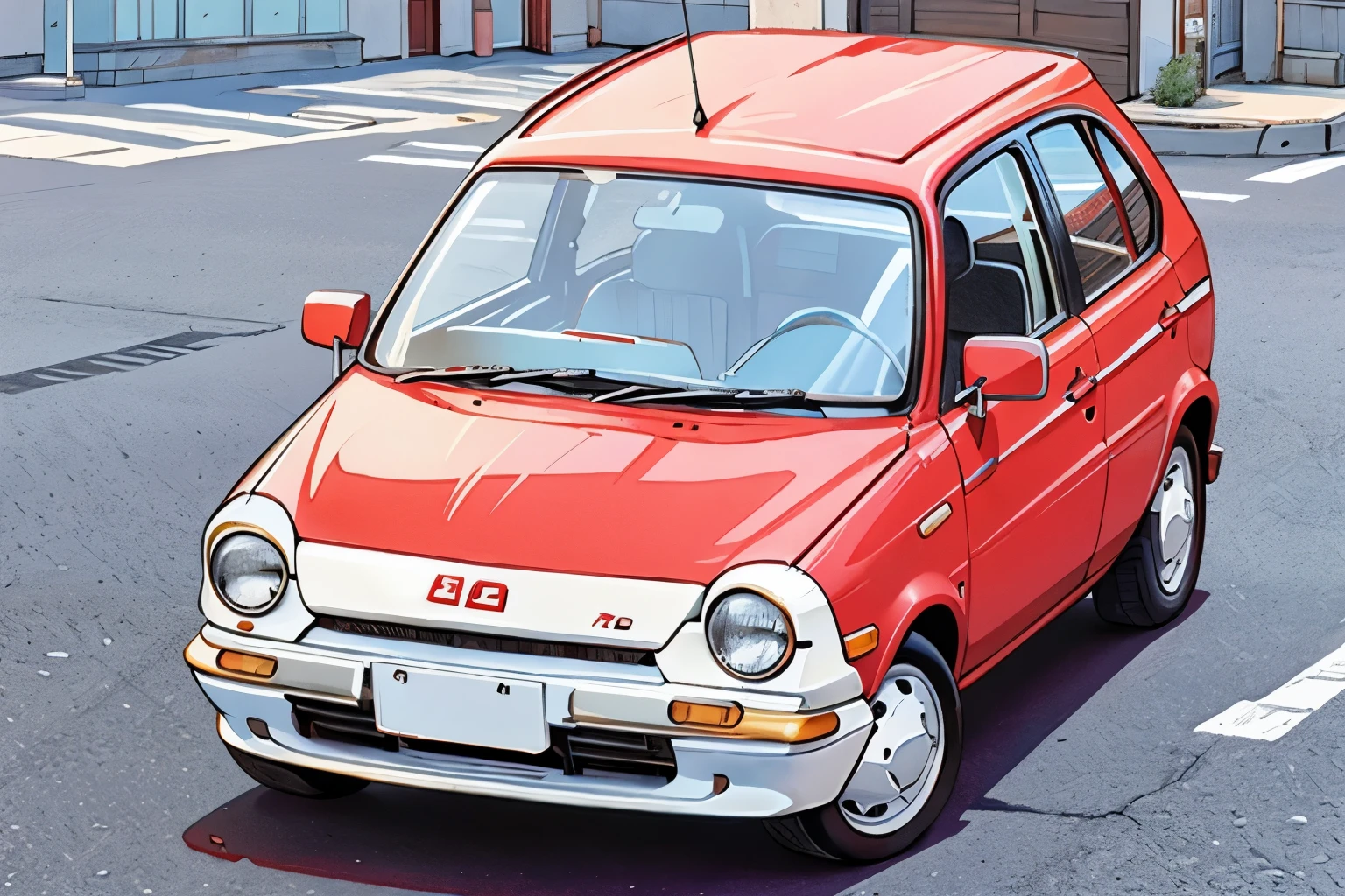 A red and white 50-year-old car parked on the street next to the curb, Digital rendering inspired by Dahlov Ipcar, Flicker, Folk art, the ugliest car in the world, Very sad c 12.0, pepper, kama russian electrocar, Cel-shaded style, Retro 90s Japanese, Japan in the 1990s, pepper car