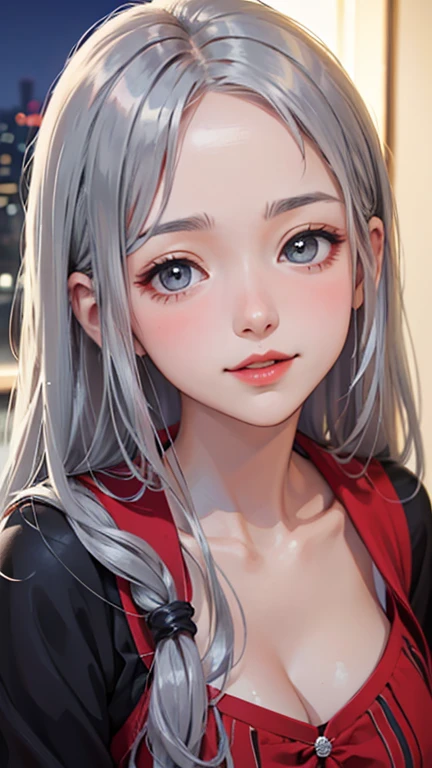 Blushing lightly and smiling, (Top quality masterpiece:1.2) Delicate illustrations, Very detailed, /Beautiful Japanese women in their 40s、1 person,Excellent style 、((8K images、super high quality))、Very delicate face, Beautiful forehead、Red lipstick,(((((Long Hair、Silver Hair))))),Very cute Japanese cut face、Eyes and nose are clearly visible、Kind eyes,(Sexy one piece dress)、Night view