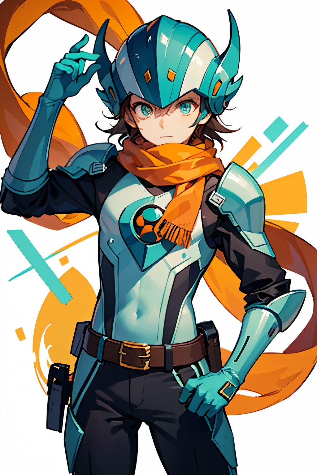 (Complete body, best image, best quality, anime eyes, net navi), 1 boy, solo, brown hair, green eyes, cyan helmet, black bodysuit, cyan chest armor, orange googles, orange scarf, cyan gloves, cyan boots, white belt.