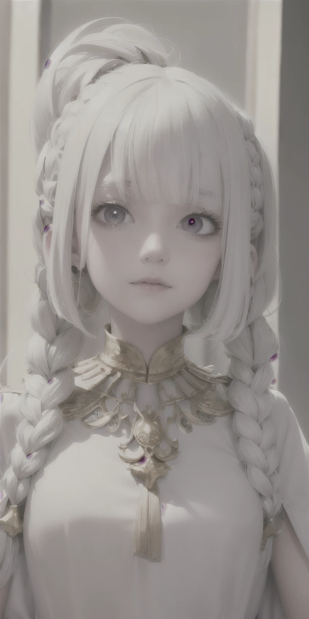 best quality, masterpiece,white hair, gold eyes,white clothes, looking up, upper body,hair strand,Fair skin,side braids